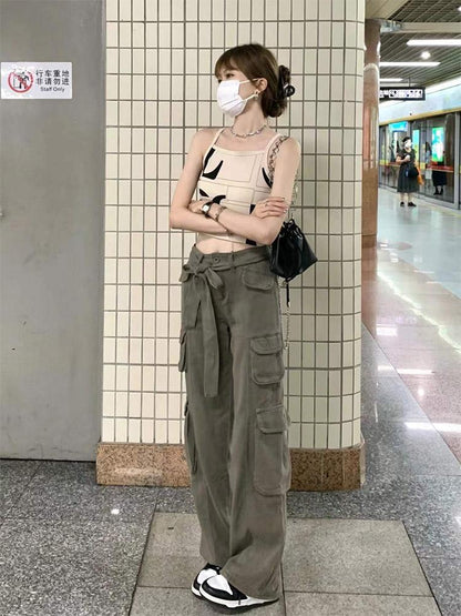 P American retro hip-hop style multi-pocket overalls women's high-waisted and thin floor-mopping jeans loose large-size straight-leg pants