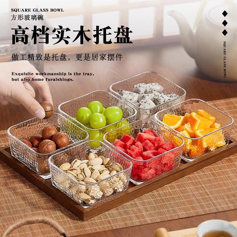 P Bamboo Wood Glass Fruit Snack Plate with Lid