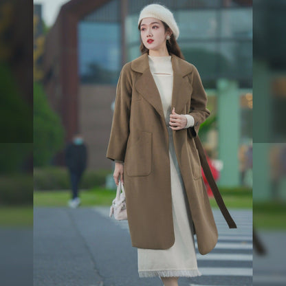 P long double-sided woolen coat fashionable waist woolen coat women's coat trendy coat