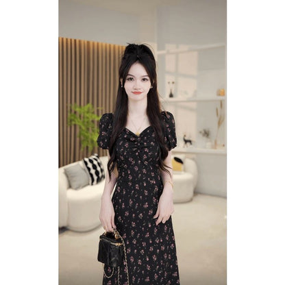 P floral bubble sleeve dress waist long V-neck dress