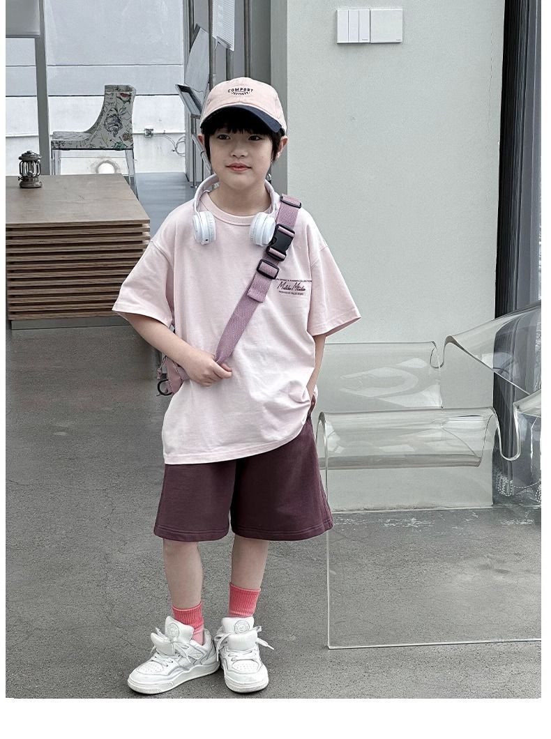 P foreign style new short-sleeved shorts boys handsome summer two-piece set trendy