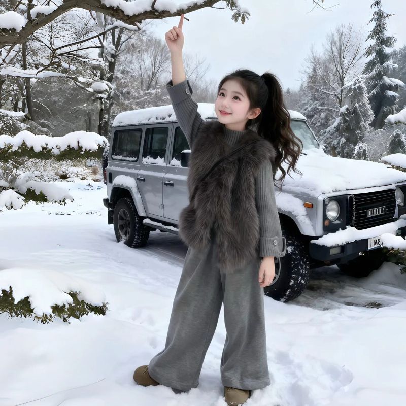 P Girls' Suit Autumn and Winter New Fashion Children's Fur Vest Foreign Thickened Pants Fashionable Three-Piece Set