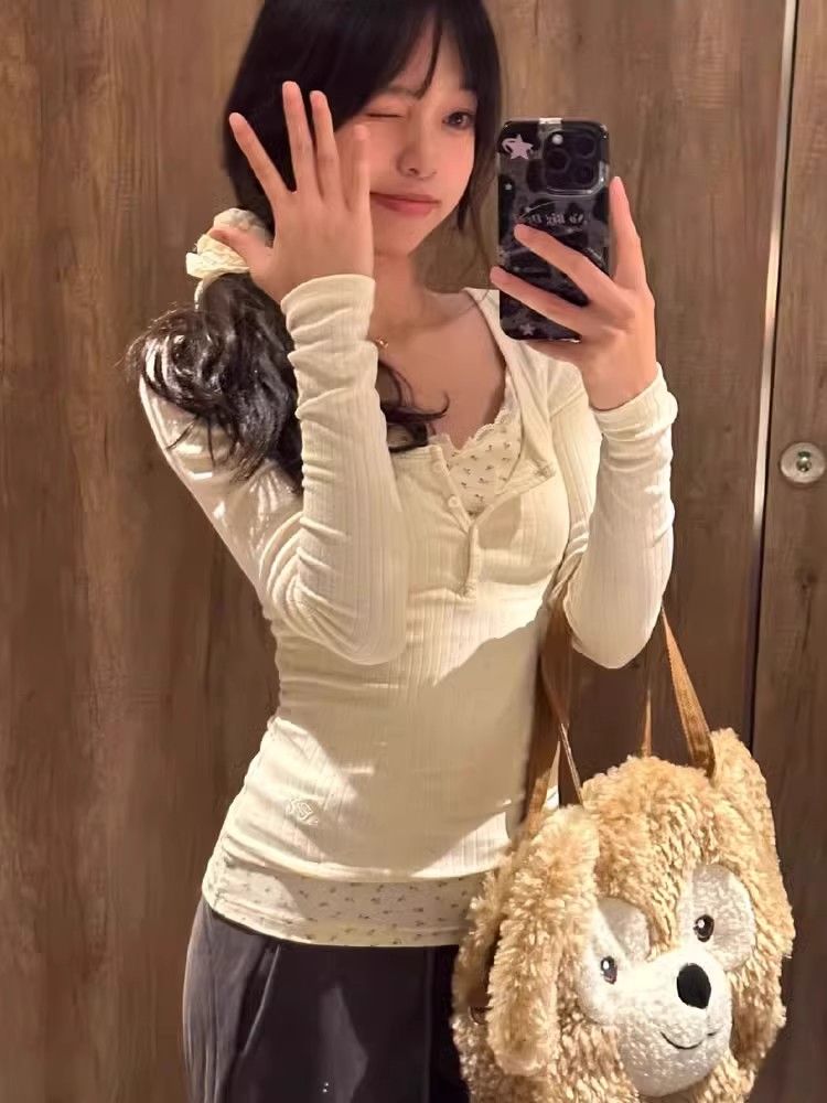 P bm wind pure lace floral fake two long-sleeved t-shirt women's spring autumn and winter inner bottoming shirt tight waist top