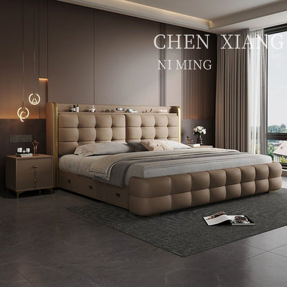 P Multifunctional storage Italian leather bed Light luxury luxury double master bedroom large bed Modern simple high-end soft bag wedding bed