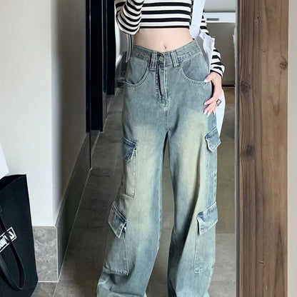 A American retro tooling jeans women's autumn new loose high-waisted and thin straight wide-leg pants floor-mopping trousers