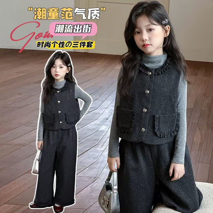 P Girls Spring Xiaoxiangfeng Suit New Fashion Medium and Older Children's Thickened Vest Long Sleeve Wide Leg Pants Two-piece Set
