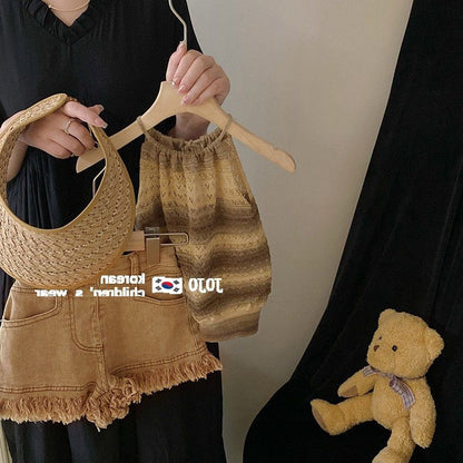 P summer new children's baby girl foreign style Korean version neck vest jeans two-piece set trendy