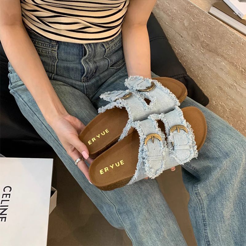P denim thick-bottomed Birkenstocks slippers women's summer wear new Korean version French temperament casual flat-bottomed women's sandals - Mixbatch