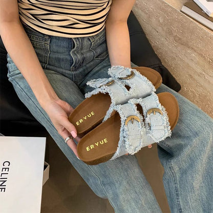 P denim thick-bottomed Birkenstocks slippers women's summer wear new Korean version French temperament casual flat-bottomed women's sandals - Mixbatch