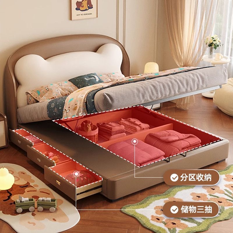 P Bear bed soft bag with storage children's bed children's room small apartment fun shape top layer cowhide solid wood boy bed