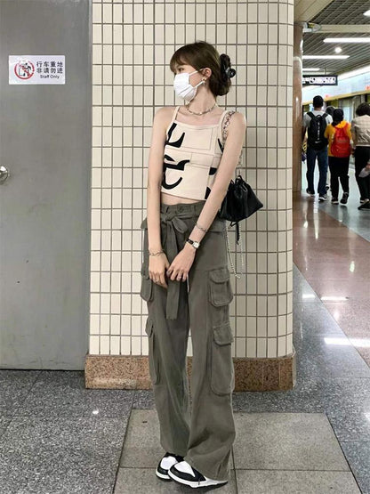 P American retro hip-hop style multi-pocket overalls women's high-waisted and thin floor-mopping jeans loose large-size straight-leg pants