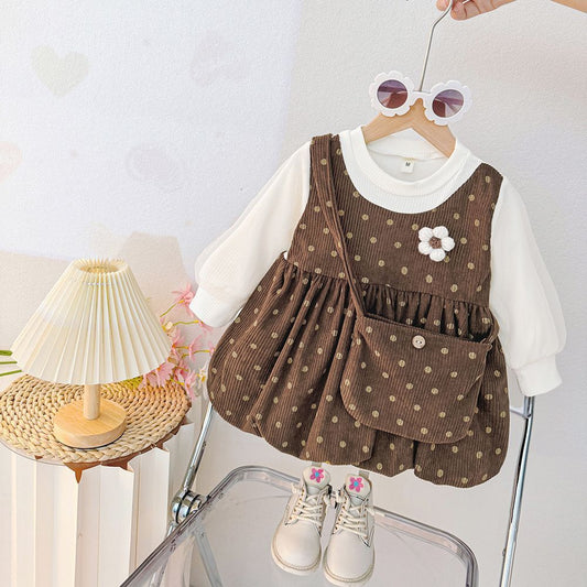 A spring and autumn baby girl foreign princess dress little girl fake two new polka dot fashionable skirt