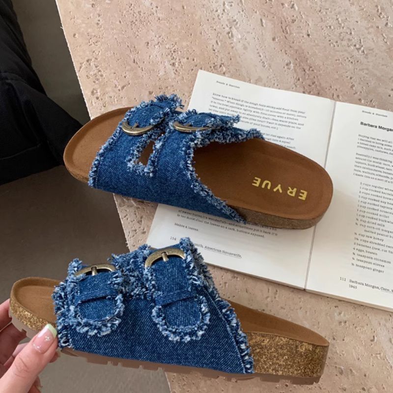 P denim thick-bottomed Birkenstocks slippers women's summer wear new Korean version French temperament casual flat-bottomed women's sandals - Mixbatch