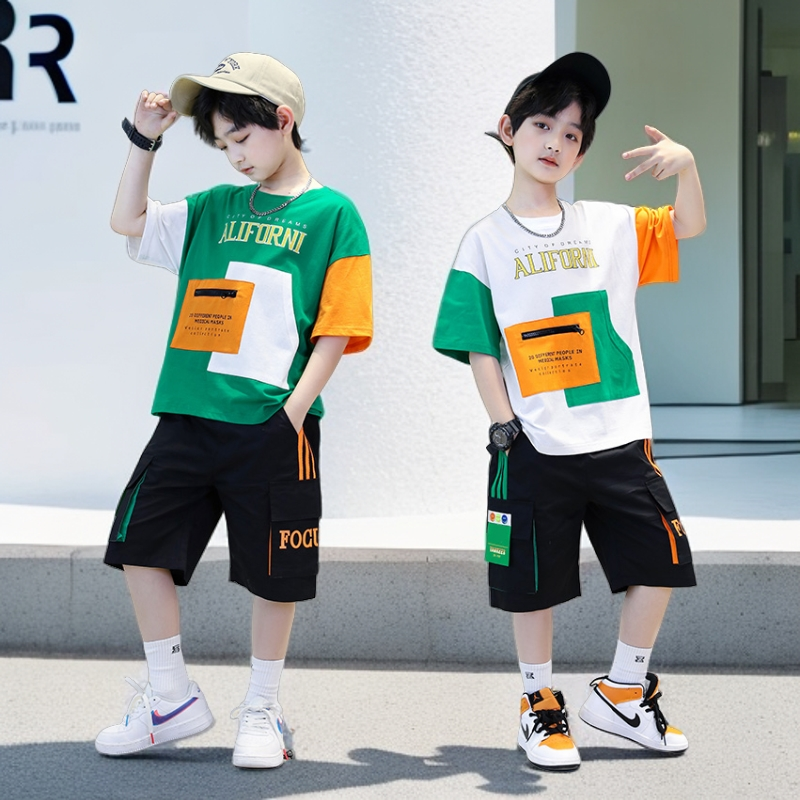 P boys summer suit popular foreign Korean version medium and older boys handsome summer short-sleeved two-piece set for children