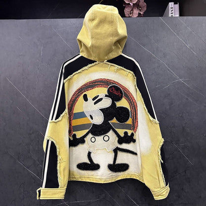 P Spring and Autumn New Heavy Industry Design Sense Cartoon Mickey Hooded Cardigan Sweater