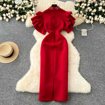P dinner party dress women's clothing niche European and American sexy hollow bead lotus leaf sleeve waist slim hip dress