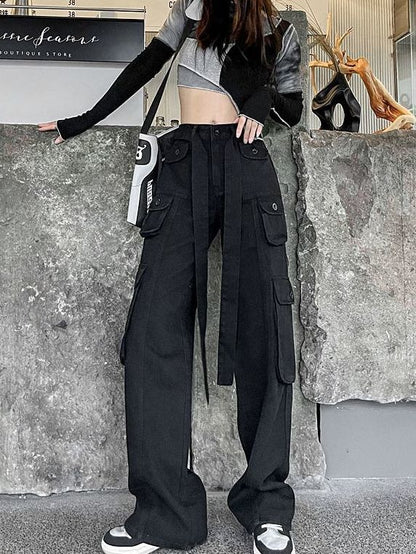 P black American retro denim overalls women's autumn clothing European and American high street vibe niche design wide-leg trousers