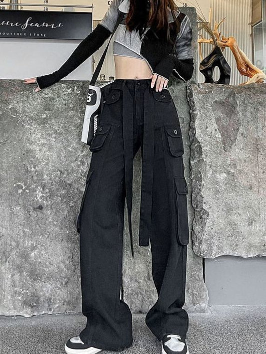 P black American retro denim overalls women's autumn clothing European and American high street vibe niche design wide-leg trousers