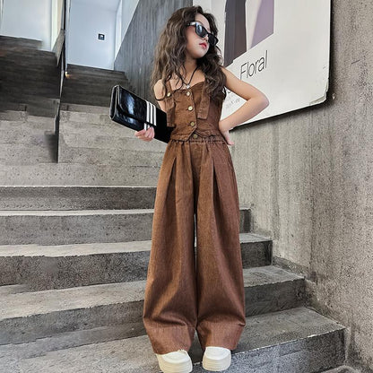A Korean version of children's denim suit summer middle and old children's foreign style Internet celebrity suspender casual girl wide-leg pants suit