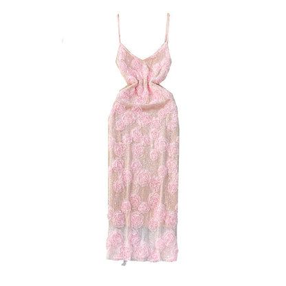 P socialite beautiful three-dimensional flower sweet age-reducing suspender dress women's summer high-end sequins slim princess dress