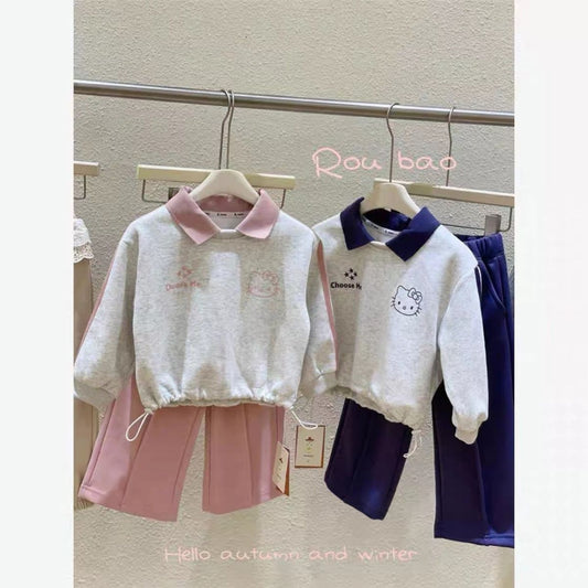 P Girls lapel sweater sweatpants set