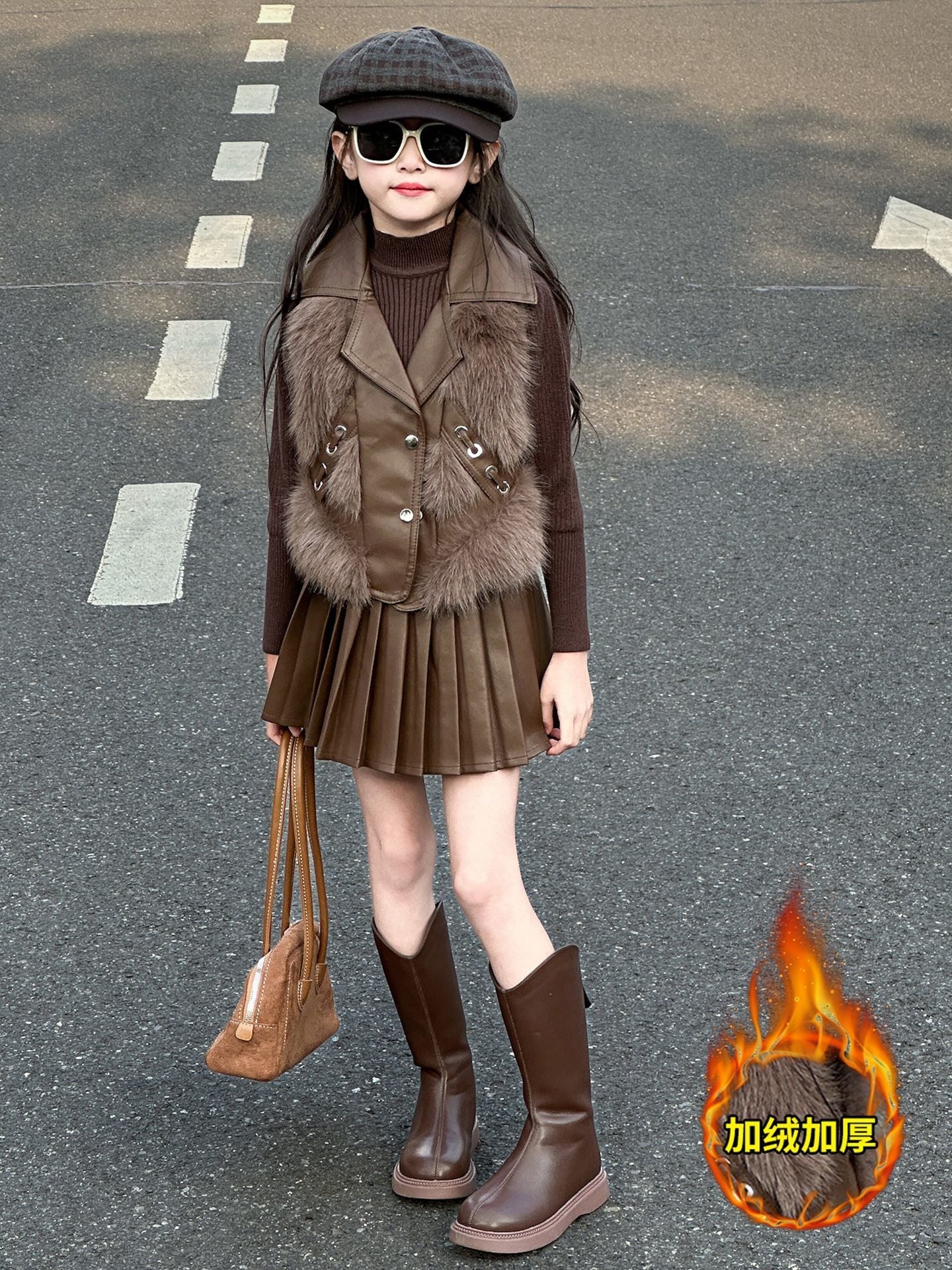 P girls' suit autumn and winter children's foreign style imitation fur vest older children's girls thickened bottoming shirt leather skirt three-piece set