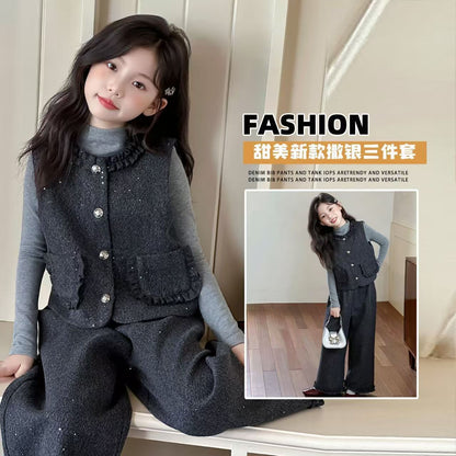 P Girls Spring Xiaoxiangfeng Suit New Fashion Medium and Older Children's Thickened Vest Long Sleeve Wide Leg Pants Two-piece Set