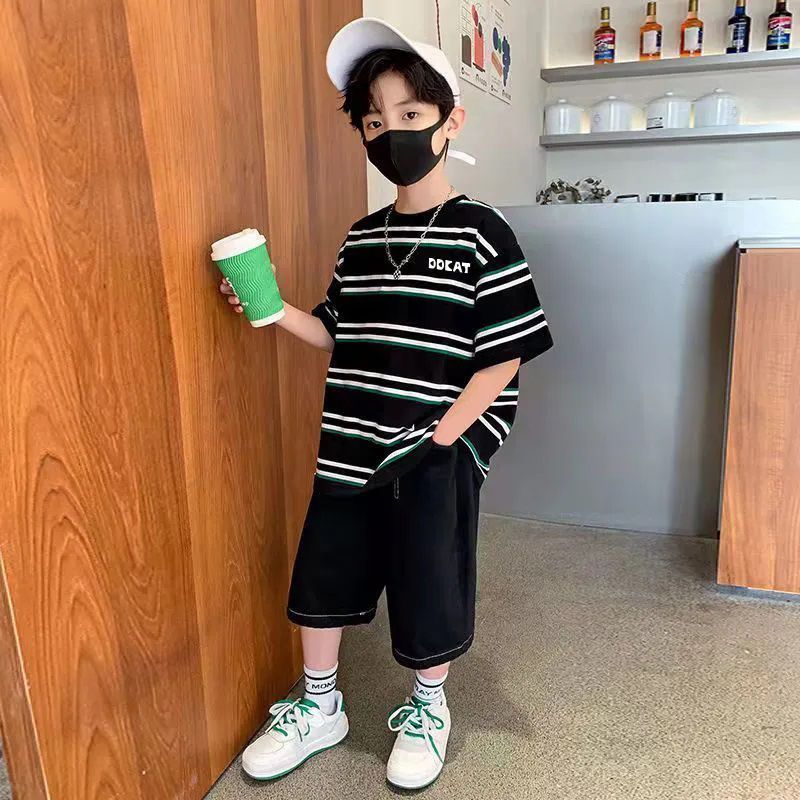P boys summer short-sleeved set new striped half-sleeved medium and older children loose pure cotton two-piece set Korean version handsome