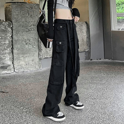 P black American retro denim overalls women's autumn clothing European and American high street vibe niche design wide-leg trousers