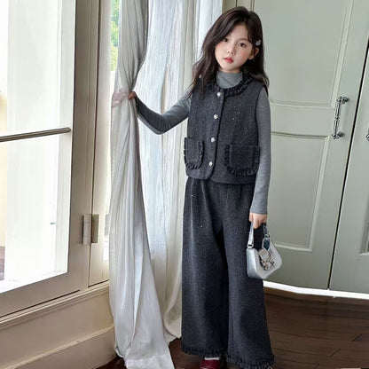 P Girls Spring Xiaoxiangfeng Suit New Fashion Medium and Older Children's Thickened Vest Long Sleeve Wide Leg Pants Two-piece Set