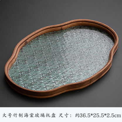 P landscape glass tray retro bamboo dry brewed tea tray fruit snack tray kung fu tea set tea cup storage tray
