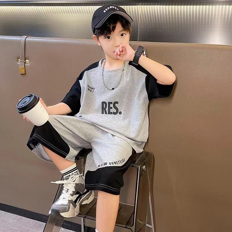 P [Pure Cotton Set] Boys Summer Short Sleeve Set Medium and Older Children's Sports Two-piece Set Boys Handsome Short Sleeve Shorts