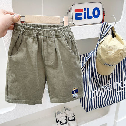 P Boys casual shorts loose five-point pants Children's cartoon embroidered pure cotton pants