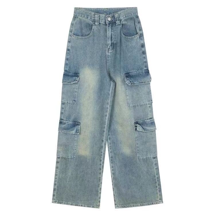 A American retro tooling jeans women's autumn new loose high-waisted and thin straight wide-leg pants floor-mopping trousers
