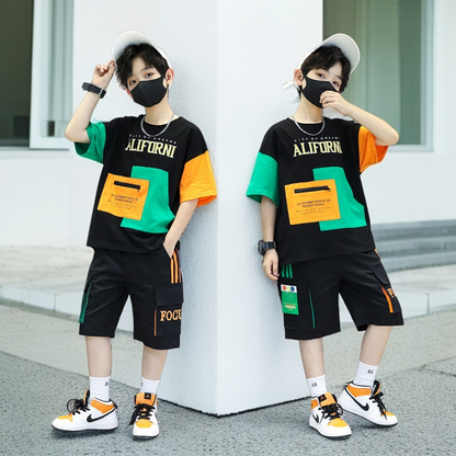 P boys summer suit popular foreign Korean version medium and older boys handsome summer short-sleeved two-piece set for children