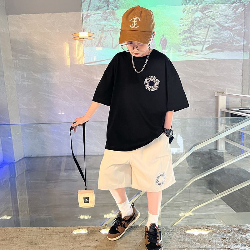 P boys summer suit new middle-aged and older boys children summer two-piece set short-sleeved handsome clothes