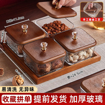 P Bamboo Wood Glass Fruit Snack Plate with Lid