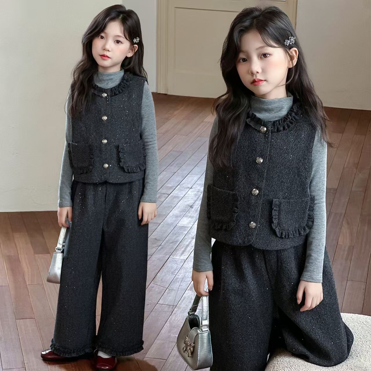 P Girls Spring Xiaoxiangfeng Suit New Fashion Medium and Older Children's Thickened Vest Long Sleeve Wide Leg Pants Two-piece Set