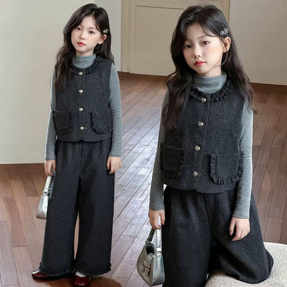 P Girls Spring Xiaoxiangfeng Suit New Fashion Medium and Older Children's Thickened Vest Long Sleeve Wide Leg Pants Two-piece Set