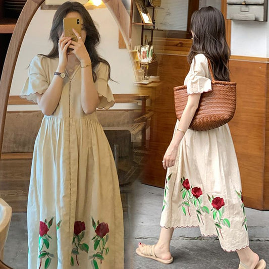 P temperament rose long dress super fairy skirt summer new large size thin belly cover V neck cotton and linen dress