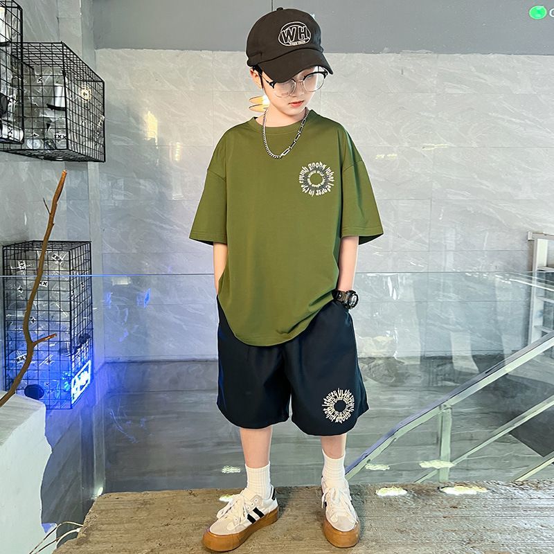 P boys summer suit new middle-aged and older boys children summer two-piece set short-sleeved handsome clothes