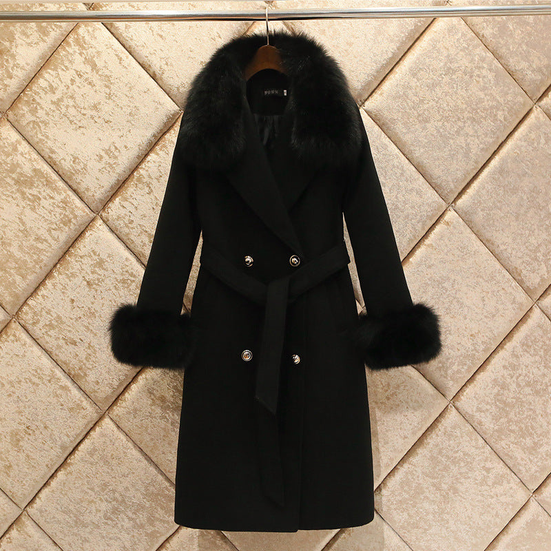 A woolen coat women's winter clothing new slim-fitting large fur collar lengthened thickened wool woolen coat