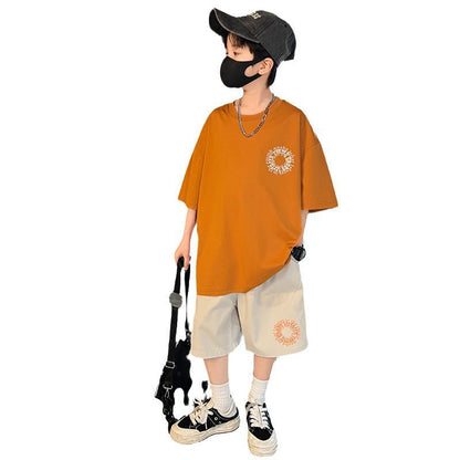 P boys summer suit new middle-aged and older boys children summer two-piece set short-sleeved handsome clothes