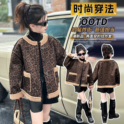 P autumn and winter foreign style new two-sided lamb leopard print top thickened children