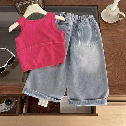 P new Korean version of female treasure knitted sling vest jeans two-piece set children's summer models