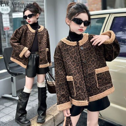 P autumn and winter foreign style new two-sided lamb leopard print top thickened children