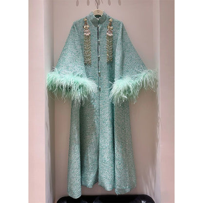 P Beaded Ostrich Hair Long Jacket
