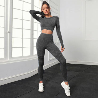 P new fashion washed hip lift high waist sports fitness pants two-piece set mesh tight long sleeve yoga fitness set