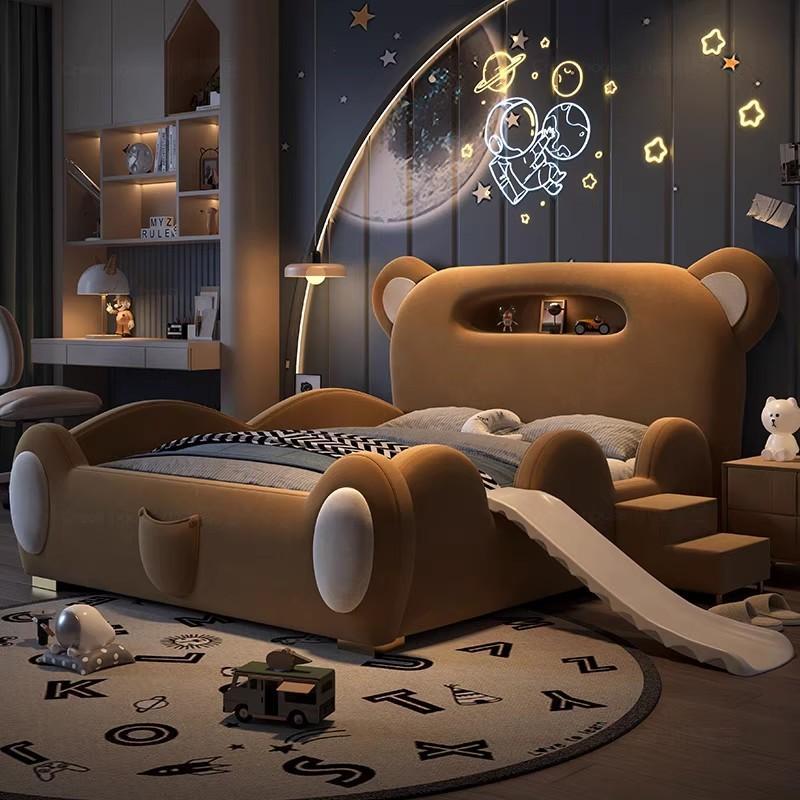 P children's bed girl boy princess bed light luxury modern simple bedroom fabric bed cartoon cute bear leather bed