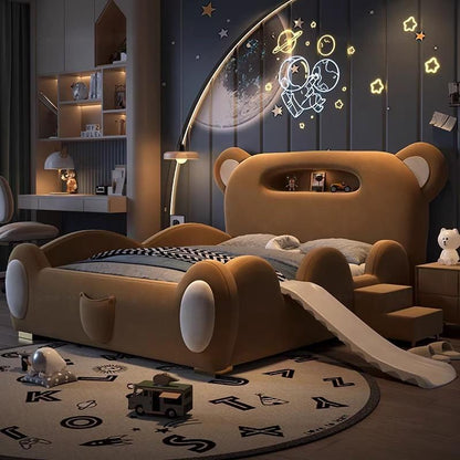 P children's bed girl boy princess bed light luxury modern simple bedroom fabric bed cartoon cute bear leather bed